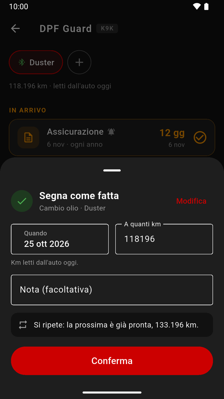 Segna come fatta, con i km letti dall'auto