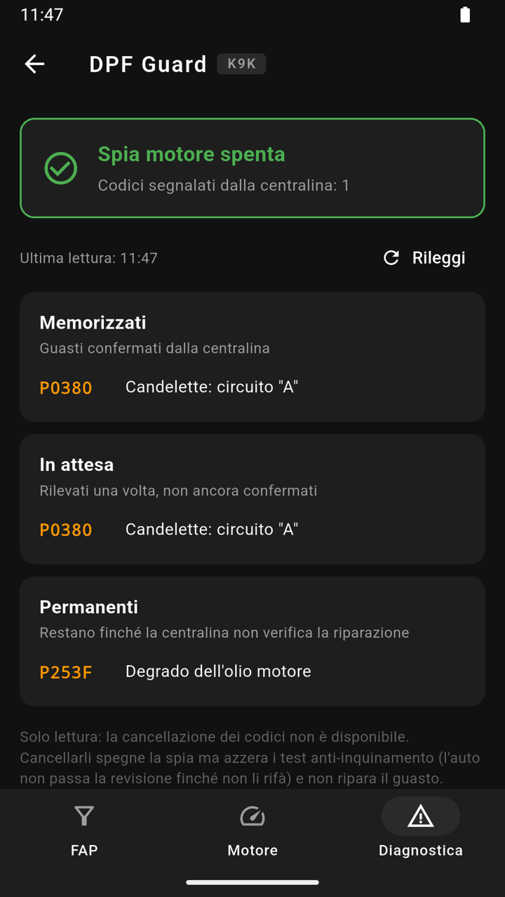 Tab Diagnostica con spia e codici errore