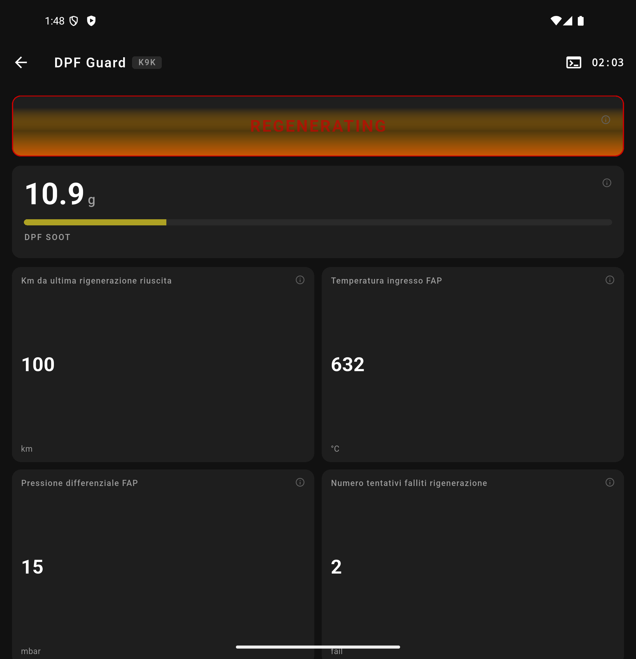 Dashboard durante la rigenerazione